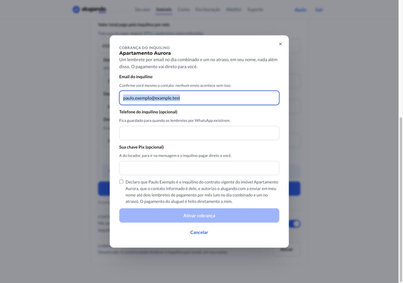 Configuração real de cobrança com contatos fictícios em example.test