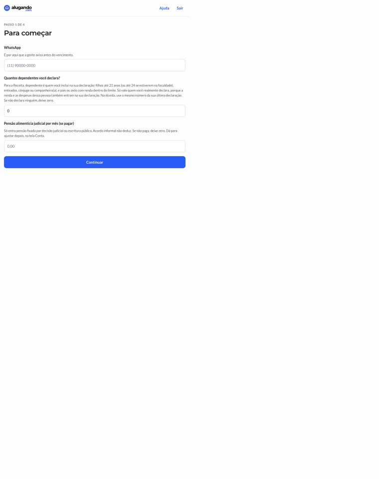 Passo real de dados iniciais do onboarding com informações fictícias