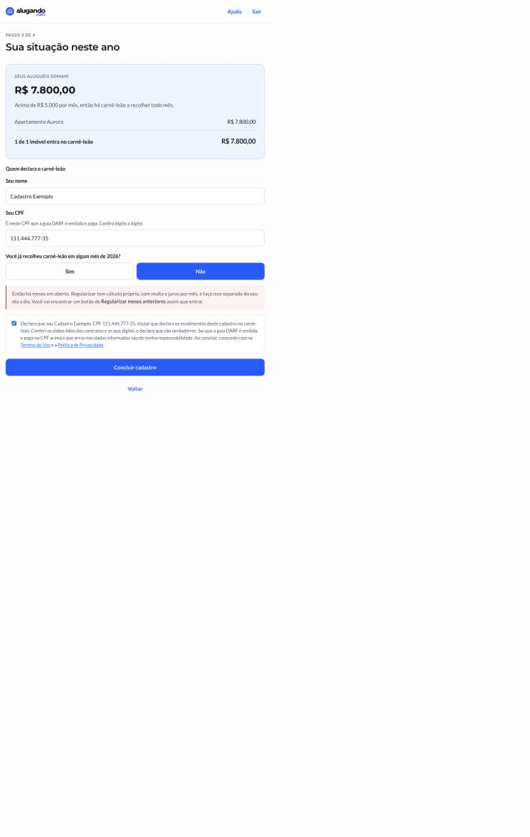 Passo real de confirmação do onboarding com dados fictícios